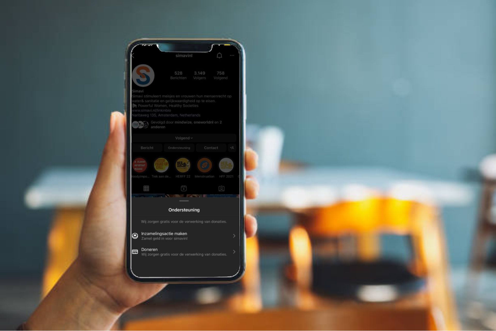 De donatieknop op de Instagrampagina van Simavi