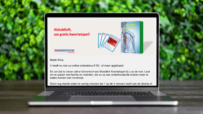 Om de donateur te bedanken voor haar inzet tijdens de Wereld Trombose Dag, kreeg zij een kwartetspel als ze meer dan €50,- opgehaald had in haar collectebus.