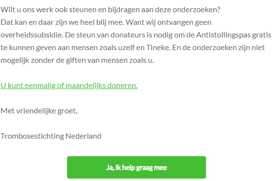 Een stukje uit een opvolgmail van de Antistollingspas campagne van Trombosestichting Nederland